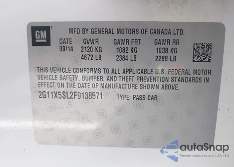 2015 Chevrolet Impala 1Fl from USA, damaged, VIN 2G11X5SL2F9138571